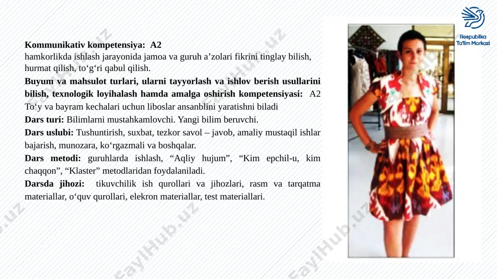 namlikdan, radioaktiv moddalardan, kislotalardan, neft-moydan, changdan, organik erituvchilardan, issiqdan, zaharli kimyoviy moddalardan, ishqorlardan, elektr tokidan va hokazolardan saqlaydi. maxsus kiyimlarga: kurtkalar, kombinezonlar, plashlar, paxtali kurtka- shimlar kiradi. sanitariya kiyimi – mehnat ob’ektlarini ishlovchidan o‘tishi mumkin bo‘lgan zararli ta’sirlardan va ishlab chiqarishdagi umumiy ifloslanishdan asraydi. sanitariya kiyimlariga oshpazlar, tibbiyot xodimlari, bolalar bog‘chalari xodimlari, oziq-ovqat bilan savdo qiluvchi sotuvchilar va hokazolar kiyimlari kiradi. rasmiy kiyim (forma) – harbiylar, maxsus mahkamalar xizmatchilari, temir yul, aviatsiya, dengiz floti, maktab o‘quvchilari, kasb-hunar kollejlari o‘quvchilarining kiyimlari. rasmiy kiyimlarga shinel, mundir, palto, kostyum, kitel, ko‘ylak, bosh kiyimlar kiradi. kiyimlar yilning qaysi faslida kiyilishiga qarab yozgi, qishki, bahorgi-kuzgi kiyimlarga bo‘linadi. kiyim qanday maqsadlarda kiyilishiga qarab ham bir necha turga bo‘linadi: kundalik kiyim, uy kiyimi, bashang kiyim, sport kiyimi hamda jins va yosh alomatlari bo‘yicha erkaklar, ayollar va bolalar kiyimlariga ajratiladi. bayram kiyimi odamga yarashadigan, uning eng yaxshi xususiyatlarini ko‘zga ko‘rintiradigan bo‘lishi kcrak. bayram kiyimda ko‘pincha turli bczaklar sifatida …