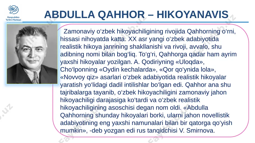 n-qizlarga yaratilayotgan sharoitlar haqida izohlab bering. _________________________________________________________________________ _________________________________________________________________________ _________________________________________________________________________ 7-topshiriq 1. hikoyadagi voqealarni bugungi jamiyatimiz hayotida siz nima deb nomlagan bo‘lardingiz? _________________________________________________________________________________________________________________________________________________________________________________________________________ 2. uyingizga hech o‘g‘ri tushganmi yoki shaxsiy narsalaringiz hech yo‘qolganmi? agar shunday holat yuz bersa siz qanday yo‘l tutardingiz? ___________________________________________________________________ _________________________________________________________________________________________________________________________________________________________________________________________________________ 7-topshiriq .(qahramonga maktub metodi) agar men yozuvchi bo‘lganimda….. (sarlavhasi bilan unsinga qisqa maktub yozing.) uyga vazifa hikoya asosida taassurot yozing. agar siz hikoyadagi unsin,nodirmohbegimlardan birining o‘rnida bo‘lib qolsangiz qanday yo‘l tutar edingiz? shu haqida o`ylab ko‘ring. e’tiboringiz uchun rahmat image11.png image12.png image13.png image14.png image15.jpeg image16.png image17.png image18.jpeg image19.png