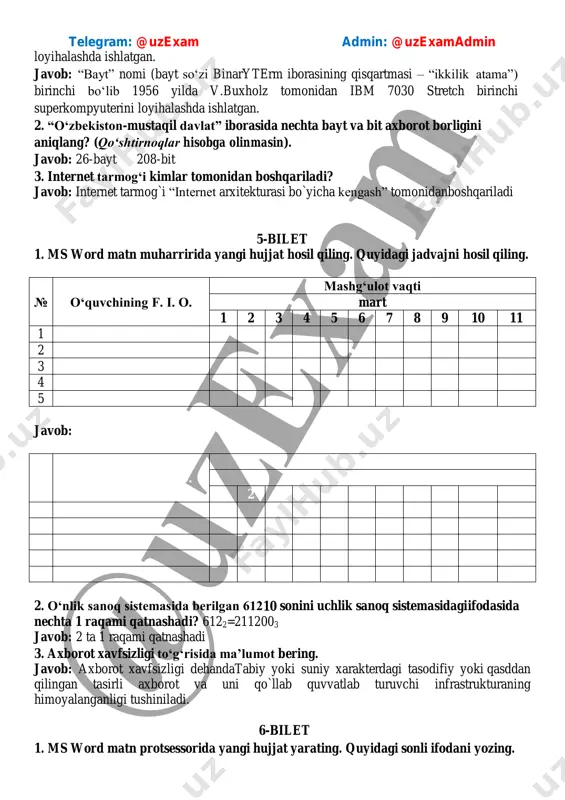 hisoblang va ikkilik sanoq sistemasida tasvirlang. (9ef16+208)*24 javob: 1001111111110 telegram: @uzexam admin: @uzexamadmin 3. elektron pochta to‘g‘risida ma’lumot bering. javob: elektron pochta (e-mail)- malumotlarni uzatish tarmog`i orqali axborotlarni bir foydalanuvchi elektron qutisidan boshqasinikiga jo`natish qabul qilish va malum vaqtgacha saqlanishi taminlovchi dasturiy texnik vositalar to`plami 9-bilet 1. ms word matn protsessorida yangi hujjatni oching va quyidagi rasmni yarating. telegram: @uzexam admin: @uzexamadmin