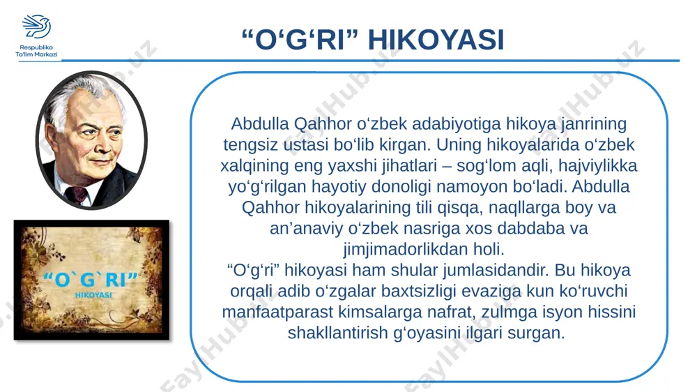 ni bugungi jamiyatimiz hayotida siz nima deb nomlagan bo‘lardingiz? _________________________________________________________________________________________________________________________________________________________________________________________________________ 2. uyingizga hech o‘g‘ri tushganmi yoki shaxsiy narsalaringiz hech yo‘qolganmi? agar shunday holat yuz bersa siz qanday yo‘l tutardingiz? ___________________________________________________________________ _________________________________________________________________________________________________________________________________________________________________________________________________________ 9-topshiriq jadvalda berilgan fikrlardan hikoya mazmuniga mos kelmaydigan bir nechtasini belgilang. tanlash uchun fikrlar + 1 qobil bobo yashagan davrda uningdek insonlar uchun ho‘kiz juda muhim hisoblangan 2 oddiy xalq boshiga tushgan tashvishdan ham manfaatdor bo`lgan vijdonsiz amaldorlar tasvirlangan. 3 qobil bobo amaldorlardan qo`rqqanidan ularga topgan-tutganini beradi. 4 ellikboshining qobil boboga rahmi kelgani uchun unga qaynotasidan ikkita ho‘kiz olib berdi. 5 hikoyada inson manfaatlari har nedan muhimligi ko‘rsatib berilgan. 6 bu hikoya orqali adib o‘zgalar baxtsizligi evaziga kun ko‘ruvchi manfaatparast kimsalarga nafrat, zulmga isyon hissini shakllantirish g‘oyasini ilgari surgan. uyga vazifa hikoya asosida taassurot yozing. agar siz hikoyadagi amaldorlardan birining o‘rnida bo‘lib qolsangiz qanday yo‘l tutar edingiz? shu haqida o`ylab ko‘ring. e’tiboringiz uchun rahmat image11.png image12.png image13.png image14.jpg image15.jpeg …