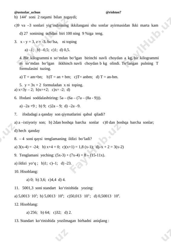 yotadi. mnpk siniq chiziq l to‘g‘ri chiziqni necha marta kesib o‘tadi. a)1, 2 marta; b) 1,2,3,4 marta; v) 1,2,3 marta; d)2,3 martaa. 21. cod va dok burchaklar qo‘shni burchaklar. agar cod burchak dok burchakdan 3,5 marta kam bo‘lsa dok burchakni toping? a) 128o; b) 132o; c)140o; d)108o. 22. ab va cd to‘g‘ri chiziqlar e nuqtada kesishadi. bes va aed burchaklar yig‘indisi 1940 ga teng bo‘lsa, aec burchakni toping. a) 97o; b) 83o; v) 117o; g) 73o; d) 115o. 23. umumiy tomonga ega bo‘lgan 80o va 100o li burchaklar bissektrisalari orasidagi burchakni toping. a) 80o; b)70o; c)90o; d) 100o v k 24. ao – abc uchburchak medianasi. agar ao=ok va ab=6,3sm, vs = 6,5 sm, o as = 6,7sm bo‘lsa sk ni toping. a) 6,4sm; b) 6,3sm; c)6,6sm; d) 6,7sm. a s 25. tengyonli uchburchakning perimetri 3,4 dm bo‘lib, yon tomoni 1,3 dm ga teng. asosini uzunligini toping. a) 0,8 dm; …