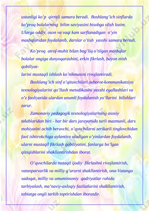 ivfa berish darslikning 22-23 sahifalarini takrorlash va mavzu asosida rasm chizish tushuntirish 1 daqiqa [image: d:\internet rasm\fon6.jpg] ( darsning borishi : ) ( i.tashkiliy qism: ) (prezidentimizning “chet tillarni o’rganish tizimini yanada takomillashtirish chora-tadbirlari” to’g’risidagi 1875- sonli qarorini amalda bajariish). bugungi sana, oy, yil, fasl, hafta kunlari, navbatchidan ingiliz tilida so’raladi. davomat aniqlanadi. · hozirgi darsimiz nima? · atrofimizdagi olam fani. · bugun sinfda kim navbatchi? · bugun darsda men navbatchiman. · darsda kim yo’q? · bugun darsda hamma bor. o’qtuvchi o’quvchilardan hafta kunlarini ingliz tilida so’raydi: monday – dushanba tuesday – seshanba wednesday – chorshanba thursday – payshanba [image: d:\internet rasm\fon6.jpg] ( ii.ma’navyat daqiqasi: )friday – juma saturday – shanba sunday – yakshanba · 2016- yil qanday yil deb nomlangan? · 2015- yil “sog’lom ona va bola yili” deb nomlangan. · 2017-yil qanday nomlandi? · 2017-yil “xalq bilan muloqot va inson manfaatlari yili”deb e’lon qilindi. · bolalar, hozir qaysi …