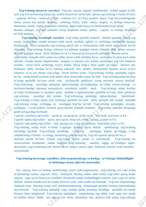 rak, tog‘terak, arg‘uvon va h.k. 2-guruh: qattiq yog‘ochlar – qayin, qora qayin, tilog‘och, eman, zarang, g‘ujum va h.k. 3-guruh: juda qattiq yog‘ochlar – nok, qayrag‘och, yong‘oq, akatsiya, shamshod, pista va h.k. yog‘ochning tashqi kuch ta’sirida o‘zgargan shaklini qayta tiklash qobiliyatiga yog‘ochning elastikligi deyiladi. yog‘ochning elastikligi ularning namligiga, hajmiy og‘irligiga, o‘zak xalqalarining o‘lchami va soniga, daraxtning yoshiga bog‘liq. yog‘och qancha quruq bo‘lsa, u shuncha elastik bo‘ladi. elastik yog‘ochlar zarbni yutadi va yumshatadi. yog‘ochning bu xususiyatidan foydalanib, undan mashina bolg‘alarining sandoni, tagiga qo‘yiladigan taglik-qistirmalar, nog‘oralarning zarb berish cho‘pi, bolg‘a, iskana, egov, belkurak, ketmon, tesha dastalari tayyorlanadi. yog‘ochning haroratga, namlikka, mikroorganizmlarga va boshqa ta’sirlarga chidamliligini ta’minlashga xizmat qiluvchi materiallar. suv, tuproq, havo va boshqa muhitlardagi zararli mikroorganizmlar yog‘ochning sirti yoki oraliq to‘qimalariga tushsa, yog‘och chiriy boshlaydi. buning oldini olish uchun yog‘ochni quruq holda saqlash, unga ayrim kimyoviy moddalar shimdirish orqali chidamliligini oshirish yoki yog‘och sirtini aliflash, loklash hamda turli bo‘yoqlar bilan bo‘yash kabi …