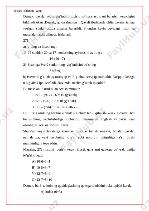 g’ri to’rtburchak? a) 2-shakl b) 4-shakl v) 3-shakl g) 1-shakl 1. 63 sonining ichida nechta o’nlik, nechta birlik bor a) 6 ta o’nlik 1 ta birlik b) 5 ta o’nlik 3 ta birlik v) 6 ta o’nlik 3 ta birlik g) 6 ta o’nlik 2 ta birlik 3. 5 dm necha santimetrdan iborat? a) 53 sm b) 50 sm v) 51 sm g) 60 sm 4. 43+17= masalaning javobini toping. a) 60 b) 40 v) 30 g) 63 5. 5dm 50 sm belgilarini to’g’ri qo’ying. a) > b) < v) = 6. 1 so’m necha tiyin? a) 70 tiyin b) 100 tiyin v) 90 tiyin g) 10 tiyin 7. 15 ta qush bor edi 7 tasi uchib ketdi. qoldi-? a) 13 ta b) 10 ta v) 8 ta g) 7 ta 8. 70 – (13+2) = amallarni bajaring. a) 55 b) 65 v) 45 g) 60 9. 1+5+4 = yi’gindini …
