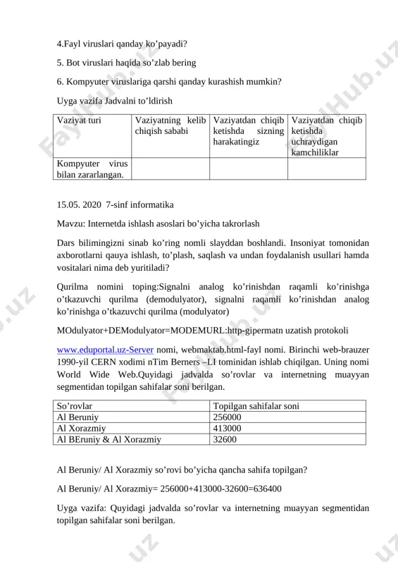 zararlangan. 15.05. 2020 7-sinf informatika mavzu: internetda ishlash asoslari bo’yicha takrorlash dars bilimingizni sinab ko’ring nomli slayddan boshlandi. insoniyat tomonidan axborotlarni qauya ishlash, to’plash, saqlash va undan foydalanish usullari hamda vositalari nima deb yuritiladi? qurilma nomini toping:signalni analog ko’rinishdan raqamli ko’rinishga o’tkazuvchi qurilma (demodulyator), signalni raqamli ko’rinishdan analog ko’rinishga o’tkazuvchi qurilma (modulyator) modulyator+demodulyator=modemurl:http-gipermatn uzatish protokoli www.eduportal.uz-server nomi, webmaktab.html-fayl nomi. birinchi web-brauzer 1990-yil cern xodimi ntim berners –li tominidan ishlab chiqilgan. uning nomi world wide web.quyidagi jadvalda so’rovlar va internetning muayyan segmentidan topilgan sahifalar soni berilgan. so’rovlar topilgan sahifalar soni al beruniy 256000 al xorazmiy 413000 al beruniy & al xorazmiy 32600 al beruniy/ al xorazmiy so’rovi bo’yicha qancha sahifa topilgan? al beruniy/ al xorazmiy= 256000+413000-32600=636400 uyga vazifa: quyidagi jadvalda so’rovlar va internetning muayyan segmentidan topilgan sahifalar soni berilgan. so’rovlar topilgan sahifalar soni avira/drweb 15000 drweb& avira 8000 drweb 12000 avira so’rovi bo’yicha qancha sahifa topilgan. 22.05.2020 7-sinf informatika mavzu: takrorlashga …