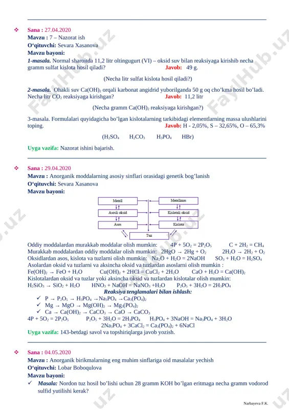 a’sirlashadi: yangi tuzlar hosil bo‘ladi, agar eruvchanligi yomon tuz hosil bo‘lsa, bu almashinuv reaksiyasi oxirigacha boradi na2so4 + bacl2 = ↓baso4 + 2nacl fizik xossalari. tuzlar — kristall tuzilishdagi qattiq, turli rangdagi moddalar bo‘lib, suvda har xil erish qobiliyatiga ega. tuzlar tarkibida kristallizatsion suv tutishi mumkin . · cao→caco3 · naoh → na2co3 · al → alcl3 · c→co2 → caco3 uyga vazifa: ekrandagi o’zgarishni (zanjir reaksiyasini) yechish __________________________________________________________________________________ · sana : 20.04.2020 mavzu : ekvivalent qonuni o‘qituvchi: sevara xasanova mavzu bayoni: ekvivalent — teng qiymatli demakdir. tarkibning doimiylik qonuniga ko‘ra, birikmalar hosil bo‘lishida uning tarkibiy qismlari bir-biri bilan qat’iy miqdoriy nisbatlarda birikadi. [bookmark: _goback][image: ]shuning uchun kimyoda ekvivalent va ekvivalent massa degan tushunchalar muhim ahamiyatga ega. [image: ][image: ][image: ][image: ][image: ][image: c:\users\fox\desktop\images8.png] uyga vazifa: ekrandagi moddalar(ca, cao, ca(oh)2, h3po4, ca3(po4)2) ekvivalentligini topish __________________________________________________________________________________ · sana : 22.04.2020 mavzu : tuzlar.tuzlar tarkibi, tuzilishi va nomlanishi o‘qituvchi: sevara xasanova mavzu …