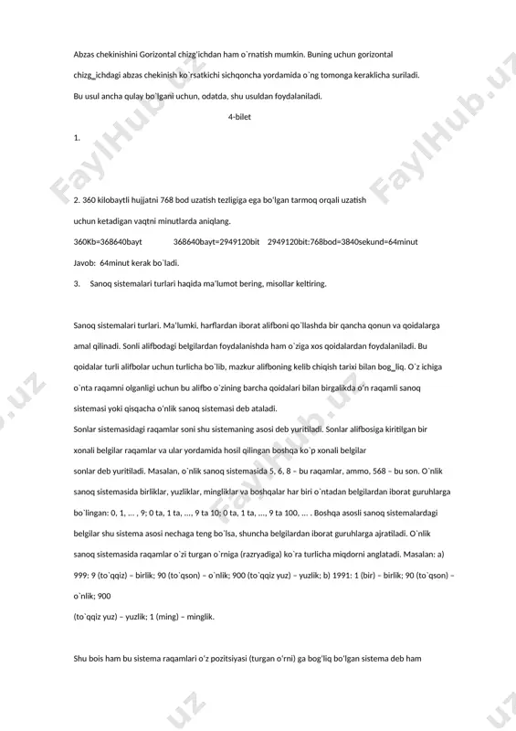 zas parametrlari haqida ma’lumot bering, misollar keltiring. abzas parametrlarini (abzas chekinishi, satrlar orasidagi masofani) belgilash uchun format menyusining abzas ( ) bo`limi tanlanadi. hosil bo`lgan abzas muloqot oynasining chekinishlar va intervallar ( ) ilovasi tanlanadi (23- betdagi rasmga qarang). buning uchun maxsus ajratilgan joyga kerakli qiymatlarni kiritish yoki taklif etilgan qiymatlardan birini tanlash lozim. masalan, abzas chekinishi 1,27 santimetr va satrlar orasidagi masofa 1,5 interval. mazkur ilovada ham namuna darchasi bo`lib, unda tanlangan qiymatlarga mos matn namunasi aks etib turadi. kerakli qiymatlar kiritilgach ok tugmasi yoki enter klavishi bosiladi. abzas chekinishini gorizontal chizg‘ichdan ham o`rnatish mumkin. buning uchun gorizontal chizg‗ichdagi abzas chekinish ko`rsatkichi sichqoncha yordamida o`ng tomonga keraklicha suriladi. bu usul ancha qulay bo`lgani uchun, odatda, shu usuldan foydalaniladi. 4-bilet 1. 2. 360 kilobaytli hujjatni 768 bod uzatish tezligiga ega bo‘lgan tarmoq orqali uzatish uchun ketadigan vaqtni minutlarda aniqlang. 360kb=368640bayt 368640bayt=2949120bit 2949120bit:768bod=3840sekund=64minut javob: 64minut kerak bo`ladi. 3. sanoq sistemalari turlari …