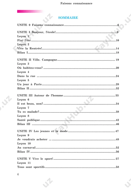 ..........................................................................58 faisons connaissance 5 leçon 12 gagner ou perdre ...........................................................................................62 leçon 13 le sport de haut niveau................................................................................66 bilan v..................................................................................................................70 unite vi mon beau pays............................................................................ 71 leçon 14 douce france......................................................................................................72 leçon 15 a travers les régions de france.................................................................76 leçon 16 le voyage en normandie...............................................................................80 leçon 17 le pays où j’habite..........................................................................................84 leçon 18 la poésie des paysages...................................................................................88 bilan vi................................................................................................................92 unite vii si vous avez du temps libre.................................................93 leçon 19 bonne fête!..........................................................................................................94 leçon 20 permettez-moi de vous inviter.....................................................................98 leçon 21 aimez-vous les aventures?.......................................................................... 102 bilan vii........................................................................................................... 106 unite viii bon voyage!.............................................................................107 leçon 22 en train ou en avion?....................................
