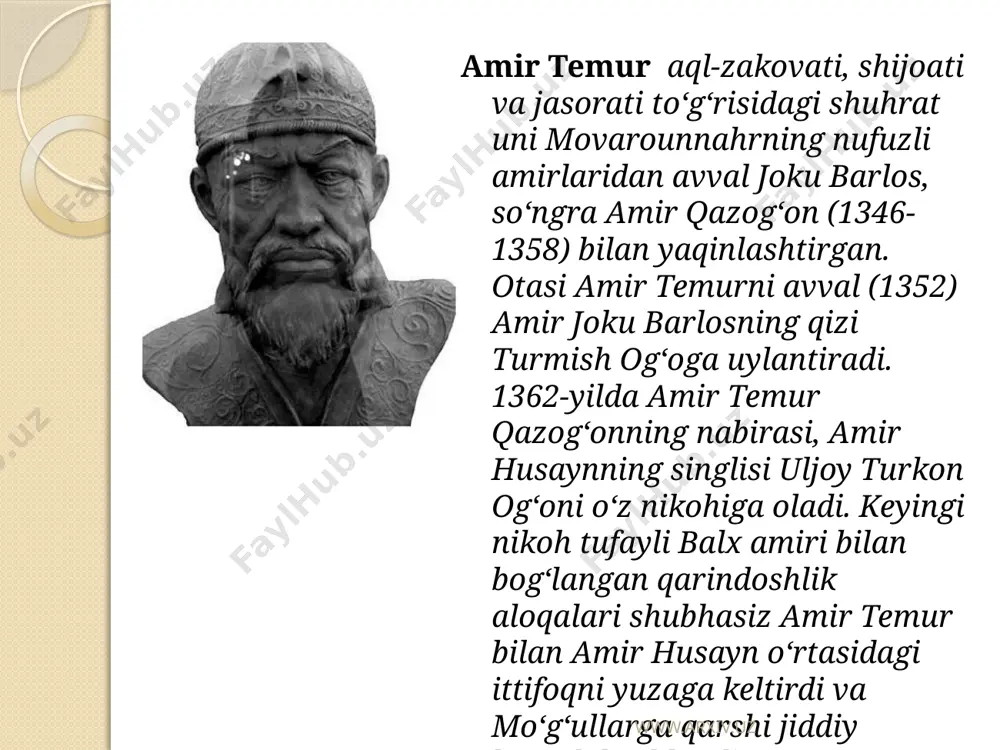 latiga qo‘shildi. amir temur movarounnahr va xorazmda tarqoqligiga va o‘zaro nizolarga zarba berib, sirdaryo vohasidan to orol dengizigacha bo‘lgan yerlarda yashovchi xalqlarni yagona davlat tasarrufida birlashtiradi. amir temur davlatiga mog‘iliston davlatining doimiy hujumini bartaraf etish uchun yigirma yil (1371-1390) mobaynida mog‘ulistonga yetti marta yurish qilib, mo‘g‘ul hukmdorlari anqoto‘ra va qamaruddin ustidan g‘alaba qozondi. shu zaylda amir temur movarounnahr va xorazmda hukm surgan tarqoqlikka, o‘zaro nizo va mo‘g‘uliston tomonidan bo‘lib turgan tazyiqqa chek qo‘ydi. sohibqiron bu bilan qanoatlanmay, qo‘shni davlatlar ustiga yurish qilib, ularni o‘ziga bo‘ysundirish va markazlashgan buyuk saltanat barpo etishni o‘z oldiga maqsad qilib qo‘ydi. sohibqiron harbiy yurishni xurosondan boshlaydi. 1381-yili amir temur hirotni egallaydi. saraxs, jom va qavsiya shaharlari jangsiz taslim bo‘ladi. 1381-1384-yillar davomida eronning katta qismi bo‘ysundiriladi. avval (1381) kalot, turshiz va sabzavor, keyin (1383) seistonning zireh, zova, farah va bust qal`alari, 1384-yilda esa astrobod viloyati va ozarbayjonning omul, sori, sultoniya va tabriz shaharlari bo‘ysundiriladi. amir temur …