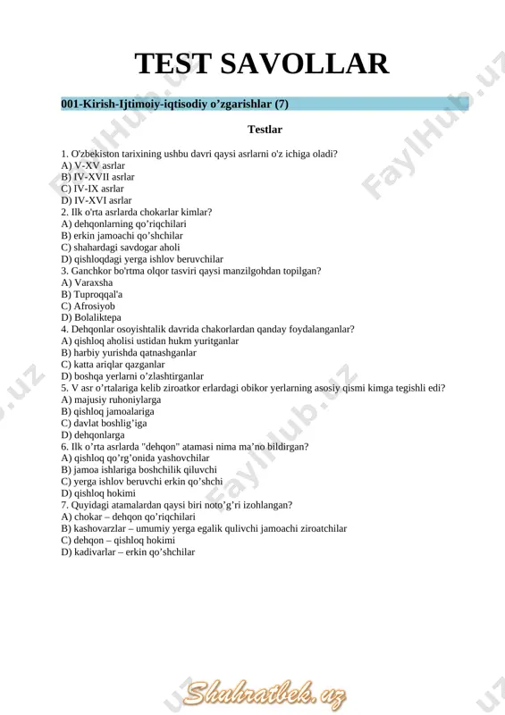70 yilda 15. xioniylar o’rta osiyoga qayerdan kirib kelganlar? a) sharqiy turkiston va yettisuvdan b) sirdaryo va orol bo’ylaridan c) eron va kaspiyortidan d) badaxshondan 16. quyidagi shaxslardan xioniylar hukmdorini aniqlang. a) grumbat b) kidar c) eftalon d) mihirakula 17. xioniylar sosoniylarning qaysi hukmdori bilan jang olib borganlar? a) shopur ii b) ardasher c) pero’z d) anushervon 18. xioniylar o’rta osiyoda qachondan boshlab uzil-kesil hukmronlik o’rnatganlar? a) iii asrdan b) iv asr o’rtalaridan c) iv asrning 70- yillaridan d) v asrning 20- yillaridan 19. quyidagi davlatlardan qaysi biri 120 yil hukmronlik qilgan? a) eftaliylar b) kidariylar c) afrig’iylar d) xioniylar 20. kidariylar qachondan boshlab o’rta osiyoga kirib bostirib kirdilar? a) iv asr o’rtalaridan b) iii asrdan c) iv asrning 70- yillaridan d) v asrning 20- yillaridan 21. toxarlar o’rta osiyoga qaysi hudud orqali kirib keldilar? a) sharqiy turkiston va yettisuvdan b) badaxshondan c) eron va kaspiyortidan d) sirdaryo va orol …