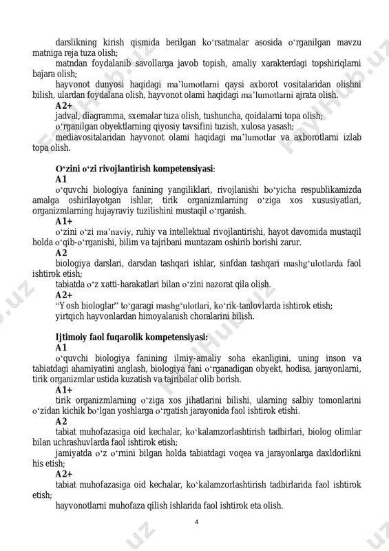idalarni topa olish; o‘rganilgan obyektlarning qiyosiy tavsifini tuzish, xulosa yasash; mediavositalaridan hayvonot olami haqidagi ma’lumotlar va axborotlarni izlab topa olish. o‘zini o‘zi rivojlantirish kompetensiyasi: a1 o‘quvchi biologiya fanining yangiliklari, rivojlanishi bo‘yicha respublikamizda amalga oshirilayotgan ishlar, tirik organizmlarning o‘ziga xos xususiyatlari, organizmlarning hujayraviy tuzilishini mustaqil o‘rganish. a1+ o‘zini o‘zi ma’naviy, ruhiy va intellektual rivojlantirishi, hayot davomida mustaqil holda o‘qib-o‘rganishi, bilim va tajribani muntazam oshirib borishi zarur. a2 biologiya darslari, darsdan tashqari ishlar, sinfdan tashqari mashg‘ulotlarda faol ishtirok etish; tabiatda o‘z xatti-harakatlari bilan o‘zini nazorat qila olish. a2+ “yosh biologlar” to‘garagi mashg‘ulotlari, ko‘rik-tanlovlarda ishtirok etish; yirtqich hayvonlardan himoyalanish choralarini bilish. ijtimoiy faol fuqarolik kompetensiyasi: a1 o‘quvchi biologiya fanining ilmiy-amaliy soha ekanligini, uning inson va tabiatdagi ahamiyatini anglash, biologiya fani o‘rganadigan obyekt, hodisa, jarayonlarni, tirik organizmlar ustida kuzatish va tajribalar olib borish. a1+ tirik organizmlarning o‘ziga xos jihatlarini bilishi, ularning salbiy tomonlarini o‘zidan kichik bo‘lgan yoshlarga o‘rgatish jarayonida faol ishtirok etishi. a2 tabiat …