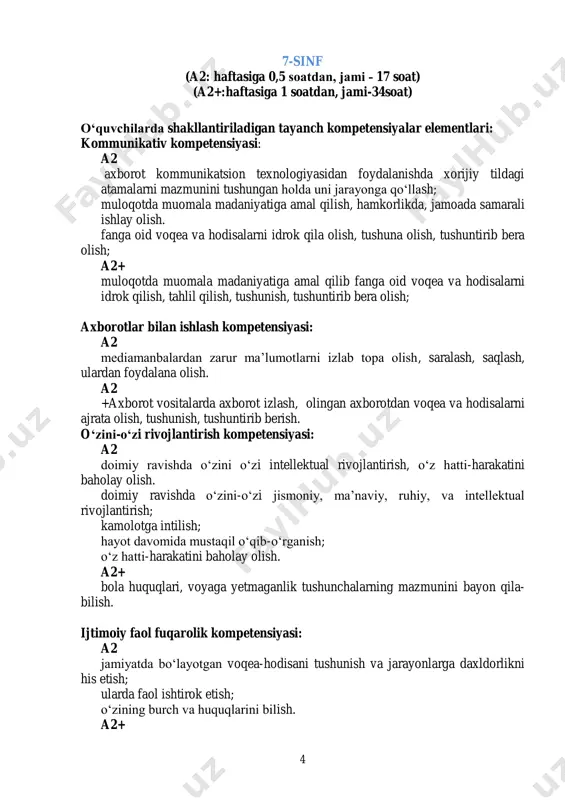 d voqea va hodisalarni idrok qila olish, tushuna olish, tushuntirib bera olish; a2+ muloqotda muomala madaniyatiga amal qilib fanga oid voqea va hodisalarni idrok qilish, tahlil qilish, tushunish, tushuntirib bera olish; axborotlar bilan ishlash kompetensiyasi: a2 mediamanbalardan zarur ma’lumotlarni izlab topa olish, saralash, saqlash, ulardan foydalana olish. a2 +axborot vositalarda axborot izlash, olingan axborotdan voqea va hodisalarni ajrata olish, tushunish, tushuntirib berish. o‘zini-o‘zi rivojlantirish kompetensiyasi: a2 doimiy ravishda o‘zini o‘zi intellektual rivojlantirish, o‘z hatti-harakatini baholay olish. doimiy ravishda o‘zini-o‘zi jismoniy, ma’naviy, ruhiy, va intellektual rivojlantirish; kamolotga intilish; hayot davomida mustaqil o‘qib-o‘rganish; o‘z hatti-harakatini baholay olish. a2+ bola huquqlari, voyaga yetmaganlik tushunchalarning mazmunini bayon qila- bilish. ijtimoiy faol fuqarolik kompetensiyasi: a2 jamiyatda bo‘layotgan voqea-hodisani tushunish va jarayonlarga daxldorlikni his etish; ularda faol ishtirok etish; o‘zining burch va huquqlarini bilish. a2+ 5 kundalik faoliyatida vujudga keladigan turli vaziyatlarni to‘g‘ri baholay olish. milliy va umummadaniy kompetensiyasi: a2 vatanini sevish, sadoqatli bo‘lish, insonlarga mehr-oqibatli, …