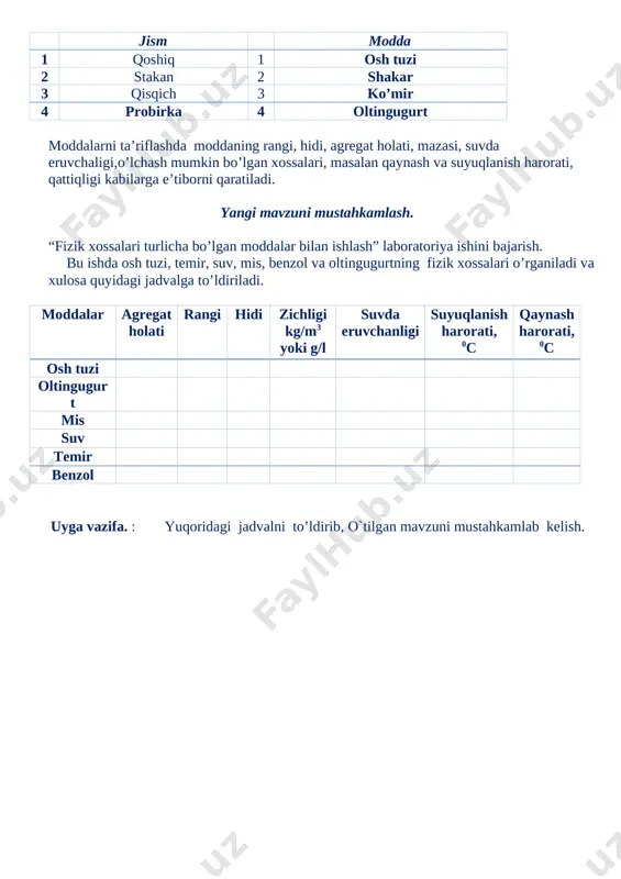 uallifi. uning rahbarligi ostida 11 ta fan doktori, 32 ta fan nomzodi tayyorlangan. ilmiy ishlari koordinatsion birikmalar stereokimyosi, ularning tuzilishiga bag‘ishlangan. mo‘libden, reniy, volfram va simobni aniqlash hamda yuqori darajada toza molibden olishning termik usulini ishlab chiqqan yangi mavzuni mustahkamlash. kimyo sanoati mahsulotlarining ishlatilish sohalarini sanag. kimyo nimani o’rganuvchi fan? kimyo faning hozirgi zamondagi vazifalarini sanang. to’qimachilik sanoatida kimyoviy mahsulotlardan qanday foydalaniladi? asqarov m.a qanday ishlar bilan shug`ullangan. yunusov s.y qanday ishlar bilan shug`ullangan. parpiyev n.a qanday ishlar bilan shug`ullangan. uyga vazifa. : o`tilgan mavzuni mustahkamlab kelish. “tasdiqlayman” o`quv ishlari bo`yicha direktor o`rinbosari: ________________ sana: ____________________ sinf: ______________ fan : kimyo mavzu: modda va uning xossalari. 1- laboratoriya ishi darsning maqsadi: darsningmaqsadi: 1.ta’limiy maqsad: o’quvchilarga modda va uning xususiyatlari haqida tushuncha berish. 2.tarbiyaviy maqsad: moddalarning fizikaviy , kimyoviy, bioogik xossalarini o’quvchilarga tushuntirish orqali ularning ilmiy dunyoqarashini kengaytish,axloqiy, ekologik tarbiya berish. 3.rivojlantiruvchi maqsad. o’quvchilarning tajriba qilish , kuzatish, xulosa qilish ko’nikmalarini …