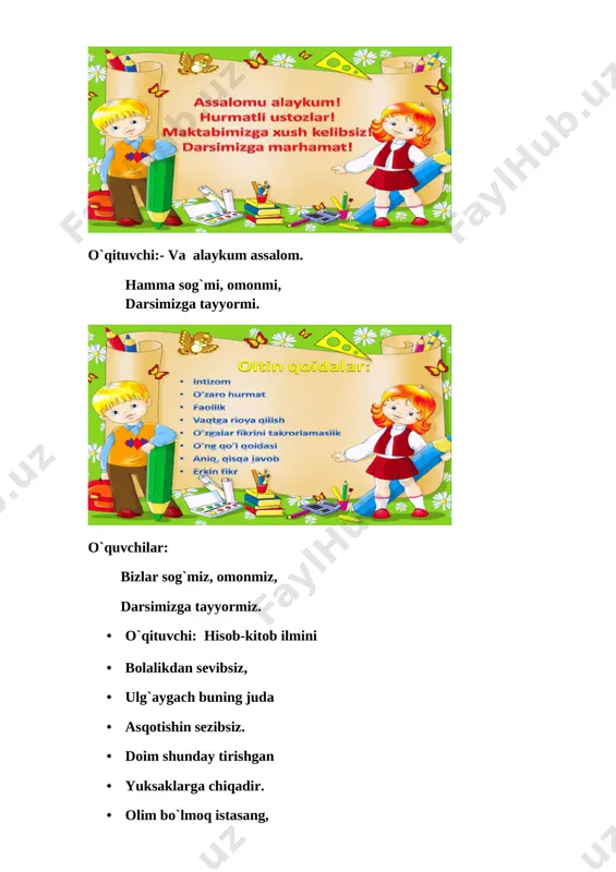 rqali tushuntiriladi. [image: image7.emf]bilib oling darslik bilan ishlaymiz. hammamiz darsligimizning 113-sahifasini ochamiz. 599-misol ustida ishlaymiz barchangiz ekranga qarang. [image: image8.emf]599 – misol endi daftarlarimizga ko`chirib olamiz. [image: image9.emf]600- misol uch xonali sonlarni ayirishda ham ikki xonali sonlar kabi birliklardan birliklarni, o`nliklardan o`nliklarni, yuzliklardan esa, yuzliklarni ayiramiz. [image: image10.emf]601 – misol [image: image11.emf]602 – masala [image: image12.emf]yechish [image: image13.emf]yechish [image: image14.emf]603 – masala bu masalani yechishda kitobdagi chizmani o`lchab bajariladi. [image: image15.emf]604 – masala • mashina va ayiq • ayiq va koptok • koptok va qo`g`irchoq • mashina va koptok • ayiq va qo`g`irchoq • mashina va qo`g`irchoq • qo`g`irchoq va koptok iv. yangi mavzuni mustahkamlash darsni mustahkamlash jarayonida “kichik guruhlada ishlaymiz. bu o`yinda o`quvchilar quyidagi topshiriqlagaga javob beradilar. 1-guruhga: [image: image16.emf]kimning parragi tez aylanadi? 2- guruhga: [image: image17.emf]mustaqil ish masala tuzib yeching 3- guruhga: [image: image18.emf]8 7 6 9 15x 4- guruhga: [image: image19.emf]og`zaki hisoblang . 5- guruhga: [image: image20.emf]jadval …