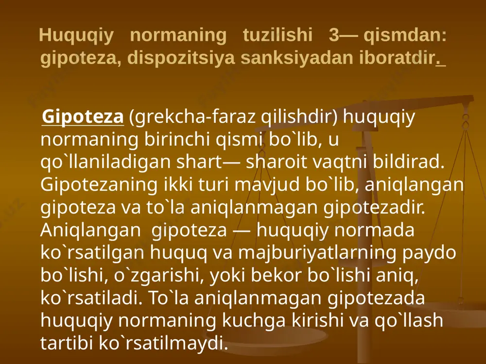 ibga solishda keng qo‘llaniladi. huquq tizimi va huquqshunoslik fanlar tizimi huquq tizimini yuqorida ko‘rib o‘tdik. huquq tizimida qonunlar va huquqshunoslik fanlar tizimi asos qilib olinsada, lekin ular o‘rtasida farqu bor. qonunlar yoki normativ hujjatlarni tizimi ya’ni tartibga solib nashr etish quyidagi ikki xil usullar bilan amalga oshiriladi. inkorporatsiya va kodifikatsiya. huquqshunoslik fanlar tizimi huquq tizimidan keng bo‘lib ko‘pgina huquqshunoslik fanlarining nomi tizimiga to‘g‘ri keladi. masalan, jinoyat huquqi, fuqarolik xuquki, jinoyat protsessual huquqi va boshqalar. aksincha shunday huquqshunoslik fanlar borki, ular huquq tizimiga to‘g‘ri kelmaydi. masalan, davlat va huquq nazariyasi, davlat va huquq tarixi va hokazolar. image1.jpeg image2.jpeg image3.png image4.png image5.jpeg image6.jpeg image7.jpeg image8.jpeg image9.jpeg