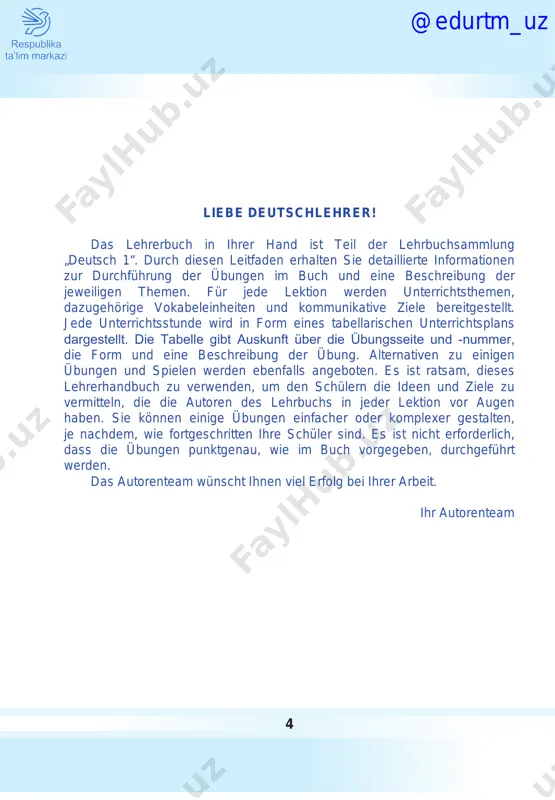 , ob s die begrüßungsformen gelernt haben oder nicht. pl übung 2 pc, laptop, whiteboard hört zu und ordnet die bilder zu. s hören begrüßungen und ordnen dazu passendes bild zu. s schauen sich die bilder vor dem hören genau an und versuchen zu verstehen, welche tageszeit auf den bildern dargestellt ist. ea übung 3 bildkärtchen spielt mit. klassenspaziergang. jede/r s bekommt ein kärtchen mit einer tageszeit, das zu einer begrüßungsform passt. s. laufen in der klasse unter einer leisen musik herum und als die musik stoppt, begrüßen sie in der nähe stehende s. mit einander. zuerst eine/r zeigt eigenes kärtchen und sie grüßen, dann der /die andere: „guten morgen, aysha! guten morgen, sevinch!“ guten tag, sevinch! „guten tag aysha!“ dann gehen s. weiter zu anderen s. das spiel dauert bis alle mit einander sprechen. pa @edurtm_uz 8 übung 4 stuhlkreis, bildkärtchen spielt mit. obstsalat. l erklärt die regel des …