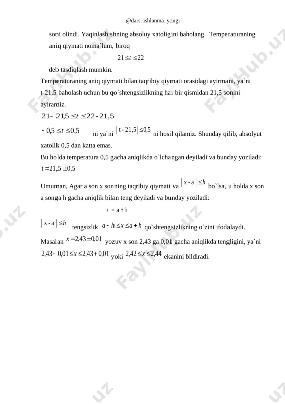 ydalanilgan saytlar 1. www.ziyonet.uz 2. www.refarat.uz 3. www.arxiv.uz 4. www.edu.uz 5. www.bymath.com 6. www.math-on-line.com image3.emf 22 21 £ £ t 22 21  t image4.emf 21,5 - 22 5 , 21 21 £ £ - t 21,5 - 22 5, 21 21    t image5.emf 0,5 5 , 0 £ £ - t 0,5 5,0    t image6.emf 5 , 0 21,5 - t £ 5,0 21,5 - t  image7.emf 0,5 21,5 t ± = 0,5 21,5 t   image8.emf h £ a - x h  a- x image9.emf h a x ± = h a x   image10.emf h a x h a + £ £ - h a x h a     image11.emf 01 , 0 43 , 2 ± = x 01 ,0 43 ,2   x image12.emf 01 , 0 43 , 2 01 …
