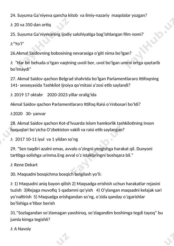 ” bu jumla kimga tegishli? j:o’ hoshimov 37. jahl otiga qamchi urganlari sayin odamlar qanday holatga tushadilar? j: bir-birini eshitishga qiynaladilar 38. “so’zingizga vafo qiling, ishda qat’iyatli bo’ling. sadoqat va samimiyatni saqlab qolmoq – cho’qqining qorni ushlab qolishidek chiroylidir.ezgulik uchun yaralgan yoki ezgulikdan mutlaqo mosuvo insonni ko’rmadim.kimki ezgulikka intilar ekan, hamisha hurmatda bo’lur.” bu jumla kimga tegishli? j: konfutsiy 39. e vohidov qaysi yili o’zbegim qasidasini yozgan? j:1968-yil 40. milliy faxr tuyg’usini aks etgan ozbegim qasidasidan keyin necha yil ishsiz qoldi va shu yillarda qanday asarni tarjima qilgan? j:5 yil gyotening faust asari 41. “1973-yil edi.bir kuni e vohidov “inson “ qasidasini o’qib berdi.tinglayapman-u sochimdan tovonimga qadar bir titroq o’rmalaydi. shifokor sifatida odamni faqat biologik jihatdan bilishning o’zi kamlik qilishi, inson o’zini anglasa, quvvatni jamlasa koinotn o’zgartirishga qodirligini o’shanda yanada teranroq anglaganman.” bu jumla kimga tegishli? j: abdukarim usmonxo’jayev, tibbiyot fanlari nomzodi, dotsent 42. “nuqul o’tmishidan noliydigan odam kelajagini barbod …