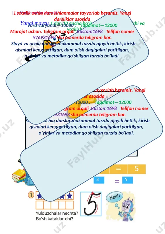 gan tarzda bo’ladi. uycha metodikasi. qani bolajonlar endi biz o’z uyimizni qanday tasavvur qilamiz. misollar yordamida uychamizni quramiz1 soatlik ochiq dars ishlanmalar tayyorlab beramiz. yangi darsliklar asosida vord varyandi—10000 . taqdimot—12000 murojat uchun. teligram orqali rustam1698 telifon nomer 976931698 shu nomerda teligram bor. slayd va ochiq darslar mukammal tarzda ajoyib betlik, kirish qismlari kengaytrilgan, dam olish daqiqalari yoritilgan, o’yinlar va metodlar qo’shilgan tarzda bo’ladi. [image: ] [image: ] [image: ] [image: ]1 soatlik ochiq dars ishlanmalar tayyorlab beramiz. yangi darsliklar asosida vord varyandi—10000 . taqdimot—12000 murojat uchun. teligram orqali rustam1698 telifon nomer 976931698 shu nomerda teligram bor. slayd va ochiq darslar mukammal tarzda ajoyib betlik, kirish qismlari kengaytrilgan, dam olish daqiqalari yoritilgan, o’yinlar va metodlar qo’shilgan tarzda bo’ladi. [image: ] rasmda nechta qushni ko’rayabsiz [image: kartinki ptitsi na vetkax (33 foto) 🔥 prikolnie kartinki i yumor] [image: sava qushi mp3. sava qush sayrashi... - youtube] vi. darsga yakun yasash va …