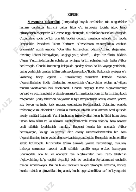 i. maorif sohasida ko’p yildan ortiq vaqt mobaynida to’plagan tajribalar dars mashg’ulotlarini o’tishda o’qituvchining malakasi, tajribasi, shaxsiy fazilatlari, bilim darajasi asosiy omillardan ekanini tasdiqladi. o’quvchilarni badiiy adabiyotning go’zal olamiga olib kirish, ularni so’z san’ati sirlarini payqay oladigan asl kitobxon qilib yetishtirishda o’qituvchining mahorati juda muhim ahamiyatga egadir. izlanuvchan o’qituvchi hech qachon o’quvchilarning bilim saviyalari zaifligidan shikoyat, qilmaydi. u bir necha mashg’ulot davomida o’z talabalariga badiiy adabiyotning inson ruhiga ta’sir etish kuchidan foydalangan holda ma’lumot beradi va shu tariqa ularning bilimlarini oshirib boradi. tajribali o’qituvchilar sinf o’quvchilarini ko’pincha uch toifaga bo’ladilar: birinchi toifani bilimga chanqoq o’quvchilar; ikkinchi toifani loqayd o’quvchilar tashkil etadilar. bunday o’quvchilar o’qituvchining topshiriqlarini faqat baho olish uchungina bajaradilar. ish davomda alohida tashabbus ko’rsatmaydilar. uchinchi toifaga bilim olishni istamaydigan o’quvchilar mansub bo’ladi. bu toifadagi o’quvchilar mashg’ulotni o’tkazishga xalaqit beradilar. ortiqcha luqmalar bilan sinf e’tiborini mavzudan chetga tortmoqchi bo’ladilar. bizning vazifamiz ana shunday talabalardan so’z san’atini sevuvchi kitobxonlar tarbiyalashdan iborat. …