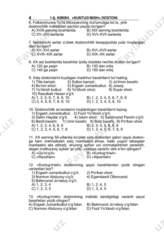 r kimning vazirlari? a) avliyoyi qoraxonning b) xolmo‘minning c) buvraxonning d) kuntug‘mishning 19. «kuntug‘mish» dostonida kimlar: «bizlarga farzand bersa, o‘g‘il bo‘lsa qo‘lqanot bo‘lsin, qiz bo‘lsa do‘st bo‘lsin», – deb niyat qilishadi? a) shoir va tohir vazirlar b) kuntug‘mish va xolbeka c) xolmo‘min va xolbeka d) qoraxon va tohir vazir 20. «kuntug‘mish» dostonida xolbeka kimning qizi? a) qoraxonning b) tohir vazirning c) shoir vazirning d) buvraxonning 21. «kuntug‘mish» dostonida xolmo‘min kimning o‘g‘li? a) qoraxonning b) tohir vazirning c) shoir vazirning d) buvraxonning 22. «kuntug‘mish» dostonida qaysi qahramonlar «shirxo‘ra» bo‘lib, ular orasida «nikoh yurmaydigan» bo‘lib qoladi? a) kuntug‘mish va xolbeka b) buvraxon va xolbeka c) xolmo‘min va bahragul d) xolmo‘min va xolbeka 23. «kuntug‘mish»dan olingan quyidagi parchadagi nuqtalar o‘rniga mos so‘zlarni qo‘ying. «xolbeka ... kirgandan keyin ovozasi olamga ketdi, dong‘i ... o‘tdi». a) o‘n oltiga, dog‘istondan b) o‘n to‘rtga, dog‘istondan c) o‘n oltiga, xitoydan d) o‘n to‘rtga, xitoydan 6 . 1-§. kirish. …