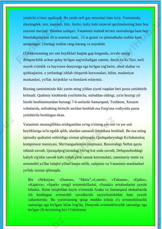 ol yillari barpo etilib, xalqimiz va vatanimiz manfaatlari yo'lida xizmat qilmoqda. [bookmark: _goback]biz «neksiya», «damas», “matiz”,«lasetti», «takuma», «epika», «kaptiva», «spark» yengil avtomobillarini, «suzuki» avtobuslarini yaxshi bilamiz. bular istiqloldan keyin o'zimizda asaka va samarqand shaharlarida ish boshlagan avtomobil zavodlarida tayyorlanishidan ham yaxshi xabardormiz. bu yurtimizning qisqa muddat ichida o'z avtomobilsozlik sanoatiga ega bo'lgani bilan bog'liq. dunyoda avtomobilsozlik sanoatiga ega bo'lgan 28 davlatning biri o'zbekiston istagan mavzuingizda ochiq dars taqdimotlar tayyorlab beramiz murojaat uchun telefon 97-845-09-09 telegram @secret_0909 kanallarimiz: @birinchisinf89 @ikkinchisinf89 @uchinchisinf89 @turtinchisinf89 istagan mavzuingizda ochiq dars taqdimotlar tayyorlab beramiz murojaat uchun telefon 97-845-09-09 telegram @secret_0909 kanallarimiz: @birinchisinf89 @ikkinchisinf89 @uchinchisinf89 @turtinchisinf89 istagan mavzuingizda ochiq dars taqdimotlar tayyorlab beramiz murojaat uchun telefon 97-845-09-09 telegram @secret_0909 kanallarimiz: @birinchisinf89 @ikkinchisinf89 @uchinchisinf89 @turtinchisinf89 istagan mavzuingizda ochiq dars taqdimotlar tayyorlab beramiz murojaat uchun telefon 97-845-09-09 telegram @secret_0909 kanallarimiz: @birinchisinf89 @ikkinchisinf89 @uchinchisinf89 @turtinchisinf89 istagan mavzuingizda ochiq dars taqdimotlar tayyorlab beramiz murojaat uchun telefon 97-845-09-09 telegram @secret_0909 kanallarimiz: @birinchisinf89 …