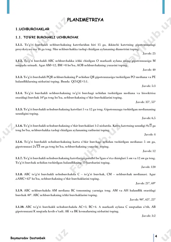 hidan tushirilgan balandlik va mediana uchburchakning shu uchdan chiquvchi tomonlari bilan 𝛼 burchak tashkil etsa, uchuburchakning burchaklarini toping. javob: 𝛼, 𝜋 2 − 𝛼 , π 2 yoki 2𝛼, 𝜋 2 − 𝛼, 𝜋 2 − 𝛼 1.2.10. to’g’ri burchakli uchburchakning o’tkir burchagi bissektrisasi gipoenuzadan 6 marta qisqa. uchburchakning o’tkir burchaklarini toping. javob: 2 arccos 3 4 , 𝜋 2 − 2 arccos 3 4 1.2.11. tomonlari 5, √7 va 2√3 bo’lgan uchburchakka tashqi chizilgan aylana radiusini toping. javob: √7 1.2.12. abc uchburchakka ichki chizilgan aylana uchburchakning ab, bc, ac tomonlariga mos ravishda m, d, n nuqtalarda urinadi. na=2, nc=3, bcâ = π 3 bo’lsa, md ni toping. javob: 7 3 5 1.2.13. uchburchakning ikki tomoni 𝑎 = 7, 𝑏 = 9 va yuzasi s = 14√5 berilgan. uchburchakning uchinchi tomoni o’ziga tushirilgan mediana uzunligining yarmidan katta. uchburchakka ichki chizilgan aylana radiusini toping. javob: √5 1.2.14. uchburchakning ikki tomoni va …