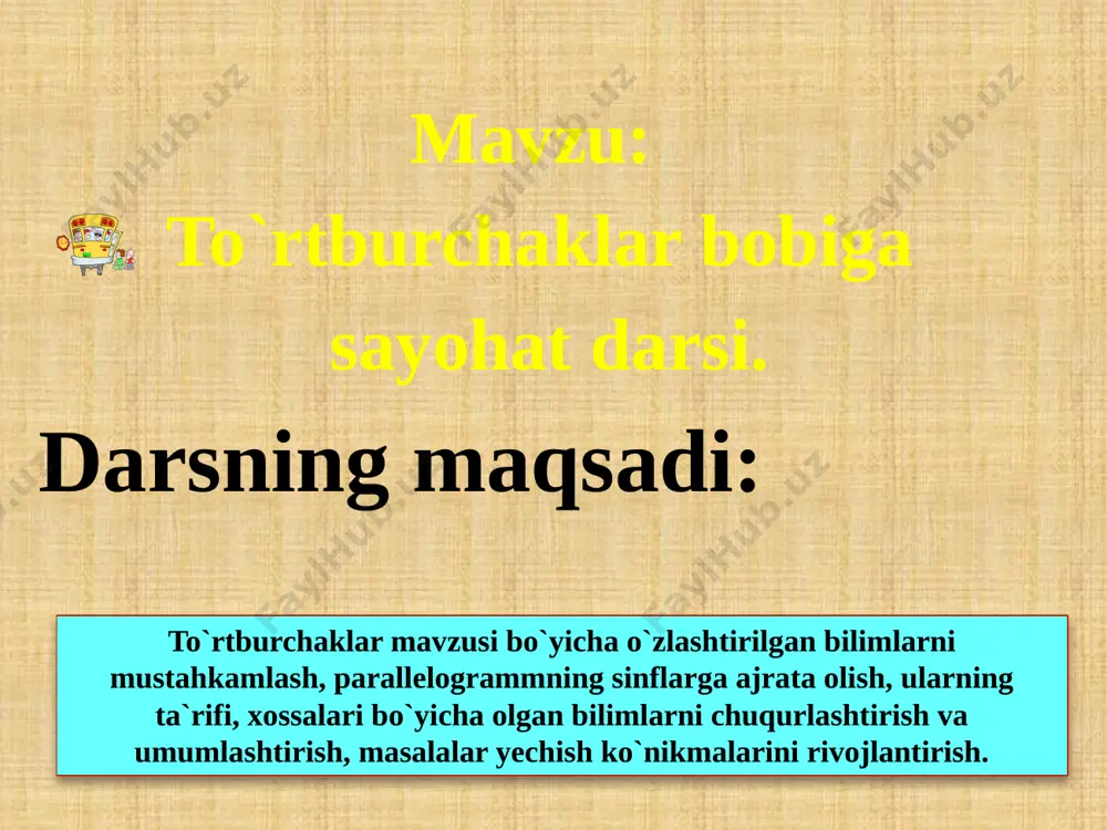 di. qarama-qarshi tomonlari teng va qarama-qarshi burchaklari teng. diagonallari teng ikkita simmetriya o`qiga teng diagonallar burchaklarning bissektrisasidir diagonallar kesishadi va kesishish nuqtasida teng ikkiga bo`linadi to`rtta simmetriya o`qiga ega simmetriya markaziga ega shakl mos harflar a b a a a a a a a b c d e n k m geometrik shakllarning xossalari harflar bilan belgilangan ikkinchi ustunda tasvirlangan shakllarining xossalarini aniqlab uchinchi ustunga mos harflarni yozing shakllarning xossalari diagonallari to`g`ri burchak ostida k kesishadi. qarama-qarshi tomonlari teng va qarama-qarshi burchaklari teng. diagonallari teng ikkita simmetriya o`qiga teng diagonallar burchaklarning bissektrisasidir diagonallar kesishadi va kesishish nuqtasida teng ikkiga bo`linadi to`rtta simmetriya o`qiga ega simmetriya markaziga ega shakl mos harflar a b a a a a a a a b c d e n k m b n b c d n a b d e n a b c d e n k m geometrik shakllarning perimetri va yuzi …