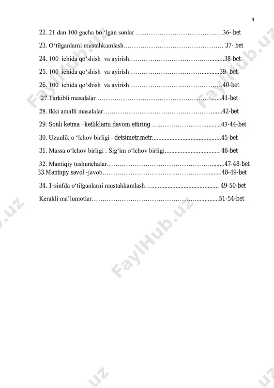 shiriqlarni tasviriy ifodalash ularni yanada oson bajarishga yordam beradi. “ yosh matematik ” to„garak mashg„ulot daftarida mavzularni yoritishda o„yinlardan foydalanish boshlang„ich sinf o„quvchilarining matematika faniga bo„lgan qiziqishini yanada oshiradi. to„garak mashg„ulot vaqtida qoʻshimcha topshiriqlar berish katta samara keltiradi. qo„shimcha topshiriqlar berish mavzuni oʻzlashtirishda yaxshi natijalarga erishayotgan oʻquvchilar bilan ishlashda yoki oʻquvchilarni fanga boʻlgan qiziqishlarini oshirishda foydalanish mumkin. ushbu metodik tavsiyada 1-sinf matematika darslikdagi mazmunan takrorlanuvchi darslar va murakkab bo„lmagan ba‟zi topshiriqlar turli o „yinlar orqali tashkil qilingan.. ba‟zi mavzularni tushuntirish hamda mustahkamlash uchun qoʻshimcha va amaliy topshiriqlar berilgan. metodik tavsiyada har bir 1-sinf o„quvchilariga 6 qo„yiladigan talablardan kelib chiqib belgilangan. har bir matematik tushuncha uchun qanday topshiriqlardan foydalanish kerakligini aniqlash yoki matematik topshiriqlarni bajarish uchun zarur tayanch tushunchalardan foydalanish muhim. xulosa qilib aytganda, ushbu metodik tavsiya o„qituvchi uchun ham , o„quvchi uchun ham amaliy qo„llanma vazifasini o„taydi. 7 2021-2022 o„quv yili uchun tuzilgan maematika fanidan “ yosh matematik ” to„garagining …