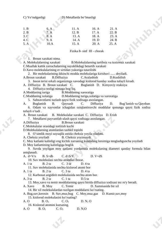 ’tkazgichlar ketma-ket ulangan. ularni 150 v bo’lgan manbaga ulansa, o’tayotgan tok kuchi nimaga teng bo’ladi? a) 10 amper b) . 6 a c) 25 a d) 15 a 12. qarshiliklari 5 om va 10 om bo’lgan o’tkazgichlar paralel ulangan. ularning umumiy qarshiligi (om) nimaga teng ? a) 3,3 b) 15 c) 5 d) 25 13. elektr divegatili 220 v kuchlanish manbaiga ulangan 1,5 a tok ite’mol qiladi. 1 soat ishlatilsa, qancha ish bajaradi? a) 0,33 kw soat b) 3 kw soat c) 220 kw soat d) 110 kw soat 14. elektr tokining quvvatini o’lchaydigan asbob? a) voltmetr b) vattmetr c) ampermetr d) ommetr 15. quvvati 1000 w bo’lgan elektr dazmoli 220 v kuchlanishli elektr zanjiriga ulangan. dazmoldan o’tuvchi tok kuchi nimaga teng? a) 45, 4a b) 5 a c) 220000 a d) 0,00022 a 16. joul’ – jens qonuni formulasini ko’rsating? a) q=i (kvadrat) rt b) q=cm t c) q=lm …