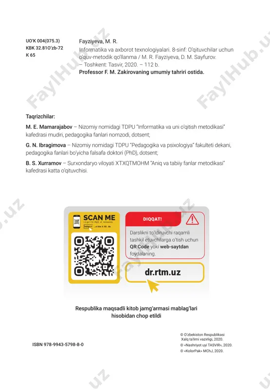 -dars. web-freelance saytlari bilan tanishish......107 34-dars. amaliy ish.......................................................109 foydalanilgan adabiyotlar va web-saytlar ro‘yxati .........................................................................111 4 8-sinf darsligi bo‘yicha o‘quv-metodik qo‘llanma aziz ustozlar! mazkur qo‘llanma 8-sinf “informatika va axborot texnologiyalari” darsligi asosida tayyorlandi va o‘qituvchilar uchun metodik yordam sifatida tavsiya etiladi. o‘zbekiston respublikasi prezidentining 2019 yil 29 apreldagi pf-5712-son farmoni asosida qabul qilingan “o‘zbekiston respublikasi xalq ta’limi tizimini 2030-yilgacha rivojlantirish konsepsiyasi” asosida qator reja va loyihalar ishlab chiqildi. kirish yangi avlod darsliklar majmuasining yaratilishi o‘quvchilarning mustaqil bilim olishini yo‘lga qo‘yishga hamda o‘qituvchilarga metodik yordam berishga qaratilgan bo‘lib, o‘qituvchilarga: 1) an’anaviy (klassik); 2) onllayn; 3) aralash (blended learning) ta’lim berish shakllarini taqdim etadi. bugungi ta’lim tizimi eski mazmundagi o‘quv dasturlaridan voz kechib, innovatsion raqamli iqtisodiyot va axborotli jamiyat uchun kadrlar tayyorlash imkoniyatini beradigan o‘qitish tizimiga o‘tmoqda. shunga mos ravishda, ta’lim berishga yondashuvlar ham o‘zgarib, internet va axborot texnologiyalari imkoniyatlari tufayli o‘qituvchilar oddiy bilim beruvchidan, asosiy tashkilotchiga aylanmoqdalar. ayrim o‘qituvchilar uchun bunday o‘zgarish …