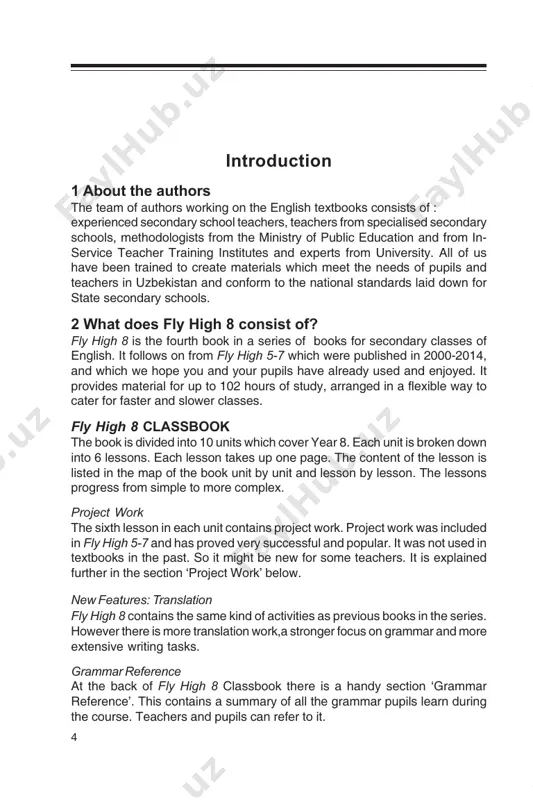 given after the 10 units. there is a progress check for units 1, 2, 3, 5, 6, 8, 9 (after units 4, 7, 10 there are tests – see below). progress checks give pupils an opportunity to check how well they have learned the material in the units. they are an effective way of revising and developing pupils’ sense of responsibility for checking themselves. the progress check can be done with classbooks open during the lesson, or, for slower classes the progress check may be divided, with pupils doing one part in class and some more at home, or all of it at home. fly high 8 cd the cd contains natural recordings of texts, dialogues, etc. performed by native speakers of various types of english (american, british, etc.) and by good uzbek speakers of english. it includes all the material needed for the listening activities in the classbook. if …