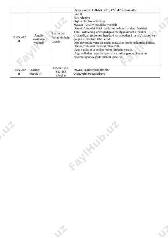 tildi. geometrik ma'nosi tushuntirildi, xossalari keltirildi. modulli tenglamalar yechildi. son o'qida tasvirlandi. uyga vazifa: 560-561-misollar. (221-bet) 1.05.2020 teskari proporsionallik 1) y=4/x funksiya grafigini yasang 2) y=-4/x funksiyaning grafigini yasang 3) giperbolani xayotda uchrashiga misol keltiring mavzu : teskari proporsionallik o'qituvchi: iroda saibova juft funksiya, o'suvchi funksiya, modulli funksiya va toq funksiyalar grafiklariga doir mustaqil ish bajarildi. teskari proporsional funksiya ta'rifi keltirildi. fizika faniga bog'langan masala ishlandi. jadvallar bilan ishlandi. koordinatalar sistemasida grafiklari tasvirlandi. (0;0) nuqtaga nisbatan simmetrik nuqtalar topildi. y=k/x funksiyaning (k>0 va k<0) dagi aniqlanish sohasi, qiymatlar sohasi, o'sish va kamayish oraliqlari, toq yoki juftligi, max va min nuqtalari, funksiya nollari tahlil qilindi. tenglamani grafik usulda yechish bosqichlari tushuntirildi. uyga vazifa: 1) y=4/x funksiya grafigini yasang 2) y=-4/x funksiyaning grafigini yasang 3) giperbolani xayotda uchrashiga misol keltiring 4.05.2020 arifmetik ildiz uyga vazifa 534va 536 misollar mavzu :arifmetik ildiz o'qituvchi: iroda saibova darajaga doir misollar ishlandi. darajalardan tushuncha berildi. daraja …