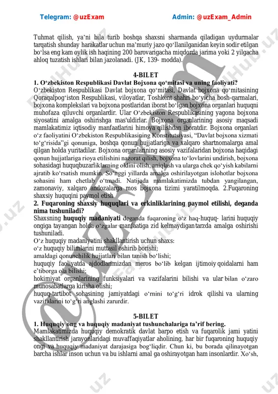 shahri bo‘yicha bosh-qarmalari, bojxona komplekslari va bojxona postlaridan iborat bo‘lgan bojxona organlari huquqni muhofaza qiluvchi organlardir. ular o‘zbekiston respublikasining yagona bojxona siyosatini amalga oshirishga mas'uldirlar. bojxona organlarining asosiy maqsadi mamlakatimiz iqtisodiy manfaatlarini himoya qilishdan iboratdir. bojxona organlari o‘z faoliyatini o‘zbekiston respublikasining konstitutsiyasi, “davlat bojxona xizmati to‘g‘risida”gi qonuniga, boshqa qonun hujjatlariga va xalqaro shartnomalarga amal qilgan holda yuritadilar. bojxona organlarining asosiy vazifalaridan bojxona haqidagi qonun hujjatlariga rioya etilishini nazorat qilish, bojxona to‘lovlarini undirish, bojxona sohasidagi huquqbuzarliklarning oldini olish, aniqlash va ularga chek qo‘yish kabilarni ajratib ko‘rsatish mumkin. so‘nggi yillarda amalga oshirilayotgan islohotlar bojxona sohasini ham chetlab o‘tmadi. natijada mamlakatimizda tubdan yangilangan, zamonaviy, xalqaro andozalarga mos bojxona tizimi yaratilmoqda. 2.fuqaroning shaxsiy huquqini paymol etish 2. fuqaroning shaxsiy huquqlari va erkinliklarining paymol etilishi, deganda nima tushuniladi? shaxsning huquqiy madaniyati deganda fuqaroning o‘z haq-huquq- larini huquqiy ongiga tayangan holda o‘zgalar manfaatiga zid kelmaydigan tarzda amalga oshirishi tushuniladi. o‘z huquqiy madaniyatini shakllantirish uchun shaxs: o‘z …