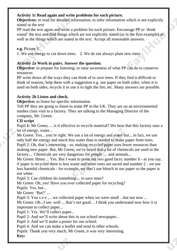 ive ‘by’. ask them to translate the examples. then ask them to look at the pictures and make one or two sentences orally as a class before they write two sentences. [image: ] vi. homework 5 min [image: ] vii. evaluation. giving marks deputy director on educational affairs: ____________________ signature _________ saving the planet a) say who or what the following words refer to. 1. them --------------------------------------------- 2. they ---------------------------------------------- 3. them --------------------------------------------- 4. us ------------------------------------------------- 5. who ----------------------------------------------- 6. them --------------------------------------------- 7. these --------------------------------------------- 8. it -------------------------------------------------- 9. their ---------------------------------------------- 10. these -------------------------------------------- 11. we ----------------------------------------------- 12. them -------------------------------------------- 13. it ------------------------------------------------ be recycled or will rot away. you used to be able to get a refund on glass bottles when you took them back to the shop. now they are either collected from your house by the council or you can take them to a bottle bank. the …