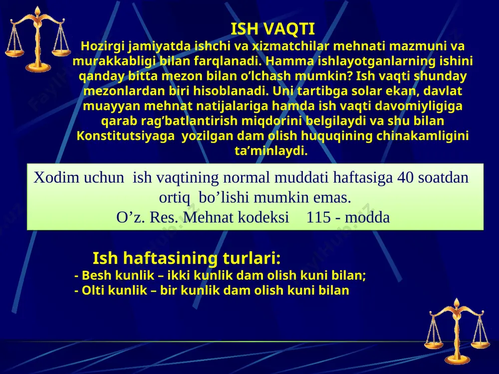 ish; - xodimni uning roziligi bilan boshqa korxonaga o’tkazish; - xodimning davlat boshqaruvi idorasidagi saylanadigan lavozimga o’tishi; - sud hukmining qonuniy kuchiga kirishi. mehnat shartnomasining bekor qilinishi korxona bo’yicha buyruq bilan rasmiylashtiriladi. ish beruvchi mehnat shartnomasi bekor qilingan kuni mehnat daftarchani va mehnat shartnomasi bekor qilingani haqidagi buyruqning ko’chirma nushasini berishi shart. * mehnat shartnomasi ish beruvchining tashabbusi bilan bekor qilinishi mehnat kodeksiga binoan (100 – modd, 2q) quyidagi sabablar mehnat shartnomasini bekor qilish uchun asos bo’ladi. - ishlar hajmining qisqarganligi tufayli xodimlar soni o’zgarganligi; - xodimning malakasi etarli bo’lmaganligi yoki nosog’ligi sababli bajarayotgan ishiga noloyiq bo’lib qolishi; - xodimning o’z mehnat vazifalarini muntazam ravishda buzganligi; - xodimning o’z mehnat vazifalarini bir marta qo’pol ravishda buzganligi (bunday buzishlar ro’yhati korxonada belgilanadi) - o’rindohs asosida ishlamaydigan boshqa xodimning ishga qabul qilinishi munosabati bilan o’rindoshlar bilan mehnat shartnomasining bekor qilinishi; - mulkdorning almashishi sababli korxona raxbari bilan tuzilgan mehnat shartnomasining bekor qilinganligi …