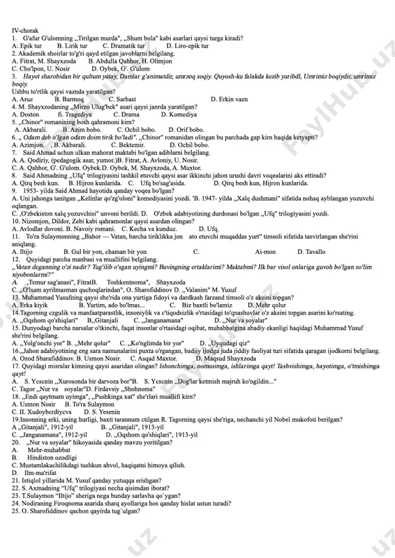 aniyati, gumanitar soha fanlarining shakllanishida bcqiyos rol o'ynagan ilmiy­ma'rifiy jamiyat. a. ,,jadidchilik" b. ,,ulamoi jamiyat" c. ,munozara" d. ,,chig'atoy gurungi" 10.g’.g’ulomning ilk she’riy to’plami qaysi? a) “ko’klam” b) “dinamo” s) “tirik qo’shiqlar” d) “vaqt” 11.g’.g’u lom qissalarini belgilang. a) “bolalik” b) “tirilgan murda” s) “yodgor” d) b va s 12. “chun sevish”, “abulfayzxon” kabi o’nlab dramalar yozgan muallif? a)g’g’ulom b)hamza s)fitrat d)oybek .13.fitrat qanday darslik qo’llanma yaratdi? a) adabiyot qoidalari b)sarfi zaboni tojik s)o’zbek tuli qoidalari to’g’risida bir tajriba:sarf(1­kitob, nahv(2­kitob) d)barcha javoblar to’g’ri 13. “sharq shaxmati”, “fors shoiri umar hayyom”, “o’zbek klassik musiqasi va uning tarixi” kabi ilmiy asarlar muallifi kim? a)g’g’ulom b)fitrat s)nodira d)navoiy 14.a.navoiy qanday g’azal turlarini tanqid qilgan? a)parokanda g’azal b)yakpora g’azal s)voqeaband g’azal d)musalsal gazal 15.nodiraning turkey devonida jami nechta g’azal mavjud? a)200 ta b)3067 t a s) 189 ta d)238 ta 16. alisher navoiyning ,,qaro ko'zum, kelu, mardumliq emdi fan qilg'il" deb boshlanuvchi g'azalining quyidagi …