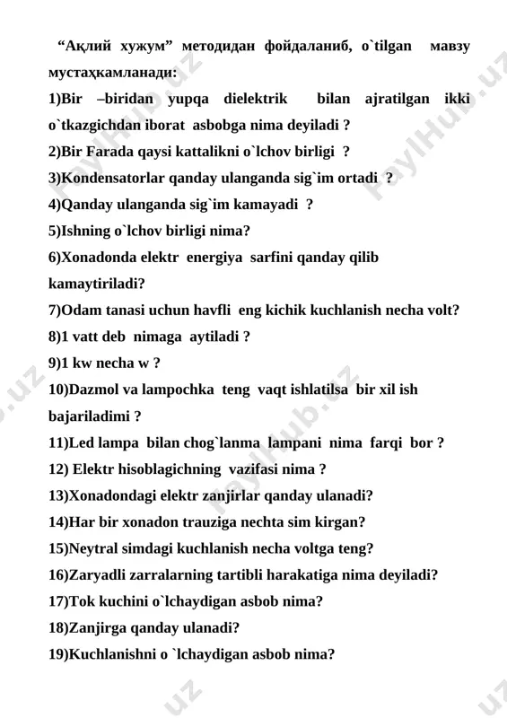 ib yuboradi. bu hodisa kimyoda dissotsasiyalanish deyiladi. natriy ionlari katodga tomon harakatlangani uchun kationlar deyiladi, xlor ionlari esa anodga qarab tartibli ravishda harakatlangani uchun anionlar deyiladi. yangi atama kiritdik. ana endi elektr toki hosil bo`ldi, buni tajribada ko`ramiz. lampochkaning yonishi buning isbotidir. shuning bilan birga bu hodisani elektroliz deyiladi. natriy +2 ioni katoddan 2 elektronni olib, natriy atomiga aylanadi.qarang ion yana atomga aylanyapti. [image: image6.jpg] [image: image1.png][image: image8.jpg] katodda natriy atomi moddasi ajraydi.bu hodisani maykl faradey tajribalar asosida, qayta-qayta bajarib ilmiy tarzda asoslab beradi va o`zining birinchi qonunini yaratadi. elektrolitdan elektr toki o`tganda elektrodlarda modda ajralib chiqish hodisasiga elektroliz hodisasi deyiladi. faradeyning birinchi qonuni elektroliz vaqtida ajralib chiqqan modda massasi bilan elektrolitdan o’tgan elektrolitdan elektr toki o`tganda elektrodlarda modda ajralib chiqish hodisasiga elektroliz hodisasi deyiladi. faradeyning birinchi qonuni elektroliz vaqtida ajralib chiqqan modda massasi bilan elektrolitdan o’tgan zaryad miqdori orasidagi bo’lanishni ifodalaydi . bu qonun quyidagicha ta’riflanadi: elektroliz vaqtida elektrodlarda …