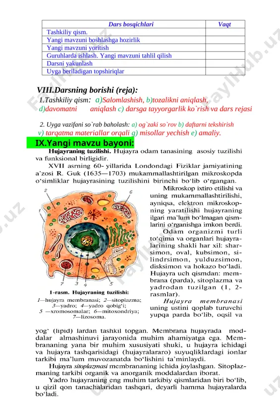 ___________________________________ o’quv ishlari bo’yicha direktor o’rinbosari: _______________________________ sana:________“___” odam va uning salomatligi fani sinf: 8-a8-b8-v 4- mavzu.organizm va tashqi muhit. epidemiologik favqulotda vaziyatlar. i.darsning maqsadi: a)ta’limiy maqsad: o’quvchilarga organizm va tashqi muhit bog`liqligi haqida dastlabki bilimlarni berish. b)tarbiyaviy maqsad: o’quvchilarni shaxsiy gigiyenaga amal qilishga undash, ekologik, iqtisodiy, ilmiy va huquqiy tarbiya berish. c)rivojlantiruvchi maqsad: o`quvchilarning darslik va qo`shimcha adabiyotlar ustida mustaqil ishlash ko`nikmalarini rivojlantirish. d) shakllantiriladigan tayanch va fanga oid kompetensiyalar: tk-1, tk-2, tk-3, tk-4, tk-5, tk-6, xk-1, xk-3 ii.darsning turi: amaliy, nazariy, aralash, noan`aviy, ananaviy. iii.darsning usuli: . aqliy hujum, savol-javob, guruhlarda ishlash. iv.darsning jihozi: darslik ,ko’rgazmali qurollar. v.didaktik jihoz: tarqatma materiallar, slaydlar ,bukletlar. vi.texnik jihoz: kadoskop,kampyuter, diaproyektor ekran. vii.darsuchun talab etiladigan vaqt: 45 minut: darsning texnolgik xaritasi dars bosqichlari vaqt tashkiliy qism. yangi mavzuni boshlashga hozirlik yangi mavzuni yoritish guruhlarda ishlash. yangi mavzuni tahlil qilish darsni yakunlash uyga beriladigan topshiriqlar viii.darsning borishi (reja): 1.tashkiliy qism: a)salomlashish, b)tozalikni aniqlash, …