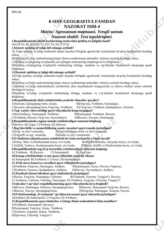 agrotexnik vositalardan ko'proq foydalanish hisobiga oshsa; b)qishloq xo‘jaligi mahsulotining hajmi chorva mollarining mahsuldor /otlarini yaratish hisobiga oshsa; c)qishloq xo‘jaligi mahsulotlarini yetishtirish, ekin maydonlarini kengaytirish va chorva mollari sonini oshirish hisobiga ko‘paysa; d)qishloq xo‘jaligi rivojlanishi mehnatning sifatiga, mashina va o‘g‘itlardan foydalanish darajasiga qarab belgilansa. 4.respublikamizda sholi yetishtirishda yetakchi viloyatlar qaysilar? a)xorazm, qoraqalpog‘iston, jizzax; b)farg‘ona, toshkent, namangan; c)xorazm, qoraqalpog'iston, farg‘ona, toshkent; d) farg‘ona, toshkent, qashqadaryo, xorazm. 5.tog‘-yaylov chorvachiligi qaysi viloyatlarda keng tarqalgan? a)surxondaryo, samarqand, toshkent; b)samarqand, toshkent, buxoro; c)toshkent, buxoro, farg‘ona, surxondaryo; d)buxoro, xorazm, samarqand. 6.respublikamizda yagona tamaki yetishtiradigan tumanni belgilang. a)denov; b) urgut; c) parkent; d) ishtixon. 7.bog‘dorchilik va uzumchilikning asosiy rayonlari qaysi zonada joylashgan? a)tog‘ va cho‘l zonasida; b)sug‘oriladigan yerlar va cho‘l zonasida; c)tog'oldi va tog‘ zonasida; d)dasht va cho‘l zonalarida. 8.o‘zbekiston jahonda paxta yetishtirish bo'yicha nechanchi o‘rinda turadi? a)xitoy, misr va hindistondan keyin, 4-o‘rinda; b)aqsh, meksika, xitoydan keyin, 4-o‘rinda; c)aqsh, turkiya, ozarbayjondan keyin, 4-o‘rinda; d)xitoy, aqsh va hindistondan keyin, …