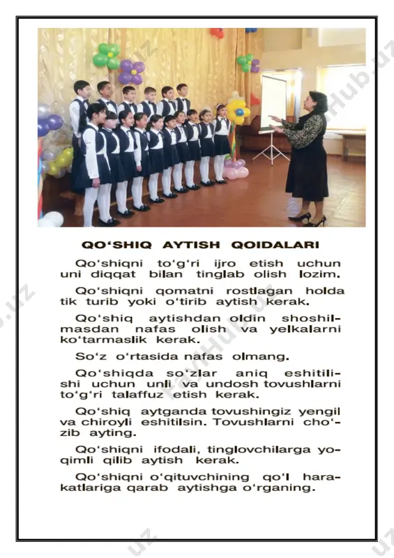 vzuni mustahkamlash 14 minut 5.o’quvchilarni baholash 3 minut 6. uyga vazifa 2 minut darsning borishi: i.tashkiliy qism. salomlashish. o’qituvchi: -salom shirintoylarim, yulduzlarim oylarim, latofatga boylarim, ham sho’x quvnoqlarim. tinglab mening so’zlarim,olgan siz saboqlarim, o’ylab puxta javob bering, hozir qay dars aytib bering. o‘quvchi: hozir musiqa darsi b) darsimiz shiori: -bilim ol, hunar tanla! -bilim olib, hunarli bo`lishimiz uchun eng kerakli boyligimiz bu -sog`ligimiz. o’qituvchi: sizlar qanday bolalarsiz? hamma:bizlar– buyuk yurt osmonida go’zal kamalak, barkamol avlod bo’lmoq –eng ezgu tilak. davomatni aniqlash o’qituvchi: -bugun oddiy dars emas, balki sinov darsidir. o’tib olsak sinovdan, bu hammadan yaxshidir. qani,ayting bolalar, kim navbatchi bo’ladi? ushbu kunning hisobin menga aytib beradi. ii. o’tgan mavzuni mustahkamlash aziz bo’ston – o’zbekiston she’rini so’rash iii.yangi mavzu bayoni: [image: image12.emf][image: image13.emf] [image: image14.emf] [image: image15.emf] iv.mustahkamlash: savol-javob o’tkazish v.baholash. yaxshi kuylagan o’quvchilar rag’batlantiruladi. [image: image16.jpg] vi.uyga vazifa:olma she’rini yodlash sana:___________ sinf: 1 _______ fan nomi: musiqa mavzu: tinglaymiz, o‘rganamiz …
