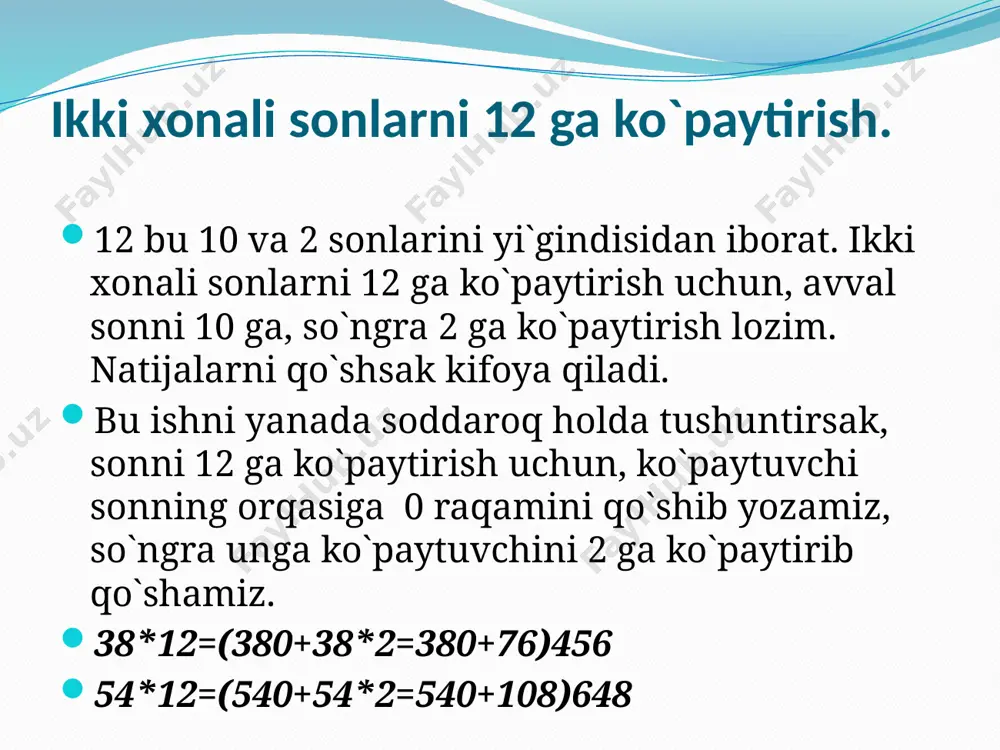 iruvchini ayiramiz. 100-54=46. natijani yozgan sondan keyin yozamiz. 99*54=(54-1=53; 100-54=46) 5346 99*85=(85-1=84; 100-85=15) 8415 99*73=(73-1=72; 100-73=27) 7227 99*68=(68-1=37; 100-68=32) 6732 e’tiboringiz uchun rahmat!!!