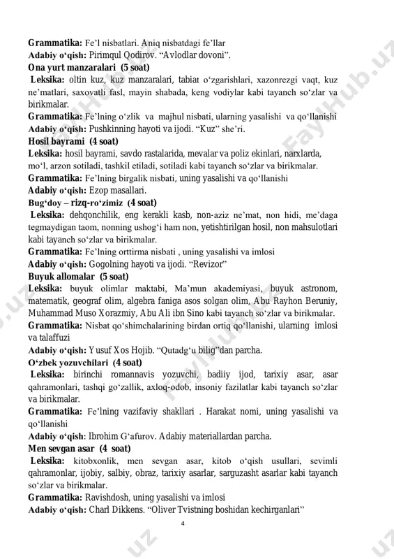 iladi, sotiladi kabi tayanch so‘zlar va birikmalar. grammatika: fe’lning birgalik nisbati, uning yasalishi va qo‘llanishi adabiy o‘qish: ezop masallari. bug‘doy – rizq-ro‘zimiz (4 soat) leksika: dehqonchilik, eng kerakli kasb, non-aziz ne’mat, non hidi, me’daga tegmaydigan taom, nonning ushog‘i ham non, yetishtirilgan hosil, non mahsulotlari kabi tayanch so‘zlar va birikmalar. grammatika: fe’lning orttirma nisbati , uning yasalishi va imlosi adabiy o‘qish: gogolning hayoti va ijodi. “revizor” buyuk allomalar (5 soat) leksika: buyuk olimlar maktabi, ma’mun akademiyasi, buyuk astronom, matematik, geograf olim, algebra faniga asos solgan olim, abu rayhon beruniy, muhammad muso xorazmiy, abu ali ibn sino kabi tayanch so‘zlar va birikmalar. grammatika: nisbat qo‘shimchalarining birdan ortiq qo‘llanishi, ularning imlosi va talaffuzi adabiy o‘qish: yusuf xos hojib. “qutadg‘u bilig”dan parcha. o‘zbek yozuvchilari (4 soat) leksika: birinchi romannavis yozuvchi, badiiy ijod, tarixiy asar, asar qahramonlari, tashqi go‘zallik, axloq-odob, insoniy fazilatlar kabi tayanch so‘zlar va birikmalar. grammatika: fe’lning vazifaviy shakllari . harakat nomi, uning …