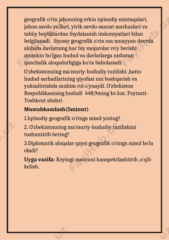 shloq xo`jaligi, sanoati va aholisi suv bilan ta`minlashda tog`lardagi qorlar asosiy suv manbayi xizmatini o`taydi. mustahkamlash(5minut) 1.o`zbekistondagi cho`llarni sanang? 2. o`zbekistonning tabiatini tushuntirib bering? [bookmark: _goback]3.ravoch ,zirk qaysi mintaqa o`simliklari? uyga vazifa: keyingi mavzuni kanspektlashtirib ,o`qib kelish. image5.jpeg image1.png image2.jpeg image3.jpeg image4.jpeg