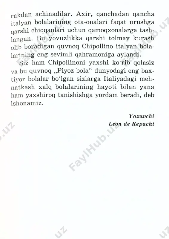 rdam qiladi. sen borib ishla, o£qi. — mening kitoblarim yo£q-ku! kitob olishga pulim ham yo£q. — hechqisi yo£q. sen muttaham va qallob- larning qilmishlarini yaxshilab o£rgan — o£sha senga ilm bo'ladi. 9 — yur! yur! ko‘p vaysayverma! — deb qich- qirdi qo‘riqchi. chipollino otasini mahkam quchoqlab o‘p- di-da, tez va shaxdam yurib qamoqxonadan chiqib ketdi. ertasi kuni u onasi va ukalarini chipolla amakisining ixtiyoriga qoldirib, eng zarur narsalarni oldi-da, yo‘lga tushdi. ikki soatlar- dan keyin u kichikroq bir shaharning chekka- siga yetib keldi va birinchi duch kelgan uy oldi- da to‘xtadi. uy juda g‘alati edi, ko‘rinishidan itlarning uychasiga o‘xshar edi. uyning kich- kinagina derazasidan chipollino uzun sariq so- qolli bir cholning holsiz yuzini ko‘rdi. ik k in c h i bob chipollino kavaler pomidorni umrida birinchi marta yig‘lashga majbur qildi — hey, birodar! — deb qichqirdi chipolli­ no. — bu nima o‘zi, uyingmi? — ha, — deb javob berdi chol, …