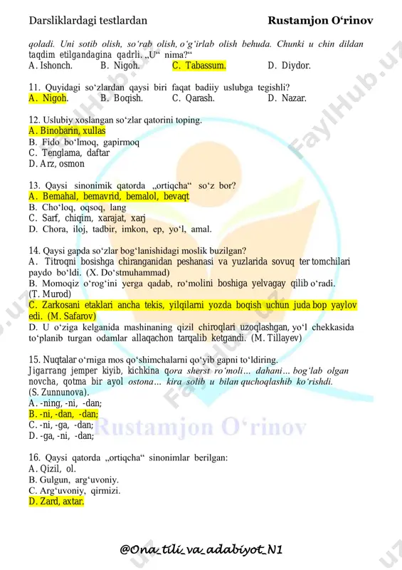 qizil kitobiga kiritilgan. a. chuchuk, yuksak, hayvon, terisi b. sho‘r, yuksak, jonivor, qobig‘i c. mazali, yuqori, jonzot, po‘stlog‘i d. chuchuk, yuksak, jonzot, terisi 7. muhammad ibn urva yamanga voliy bo‘lib kirib borganida yaman ahliga shunday xitob qilgan ekan: „ey ahli yaman! mana bu mening ulovim. agar chiqib ketayotganimda shundan ko‘p narsa olib chiqsam, demak, men „u“ man!“ „u“ ni toping. a. o‘g‘ri. b. poraxo‘r. c. xoin. d. baxil. 8. agar dardni sezayotgan bo‘lsangiz, demak, tiriksiz. agar boshqalarning dardi uchun joningiz achiyotgan bo‘lsa, demak, … siz. (l. tolstoy) nuqtalar o‘rnini to‘ldiring. a. rahmdil. b. dardkash. c. inson. d. do‘st. 9. berilgan matn mantiqan qaysi soha uchun tavsiya vazifasini bajarishi mumkin? og‘ir taqdiringizdan istaganingizcha shikoyat qilishingiz mumkin, biroq hammada ham qandaydir muammo bor. qulay fursat hech qachon o‘zidan o‘zi kelmaydi, o‘zingiz uni yaratishingiz kerak bo‘ladi. hech kim siz uchun qaror qabul qilmaydi. biror reja tuzganingizda o‘z maqsadingizga yaqinlashayotgandek bo‘lasiz. agar rejalar qog‘ozda …
