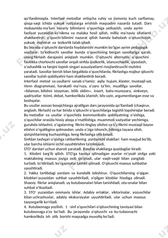 taqqoslaydilar. sto’ darslarini xususiyatlari. sto’ bosqichlari, dastur talablari, tarbiyaviy vazifalari, o’quvchilarning qiziqishlari bilan belgilanadi. masalan, tayyorlov bosqichida kichik hajmdagi asarni o’qituvchi o’qib bersa, o’qilganlari yuzasidan suhbat, qayta hikoyalash o’tkazilsa, boshlang’ich bosqichda butun sinf o’quvchilari bir xil kitob bilan ta’minlanadi, barcha o’quvchilar bitta matn ustida ishlaydilar. bunda bitta yozuvchi yoki bir mavzudagi asarlar ko’rgazmasi tashkil qilinadi. asar ichida o’qishga topshirilishi ham mumkin, albomlar tayyorlanadi,kinofilm,diafilmlardan parchalar ko’rsatiladi, musiqiy daqiqalar o’tkaziladi, asar mazmuni yuzasidan ijodiy rasmlar chizdiriladi, kitobni saqlash maqsadida kitobni yamash, o’rash o’rgatiladi, «ertaklar bayramlari», «ifodali o’qish konkursi» o’tkaziladi. asar tahliliga doir ishlar kengaytiriladi, o’quvchilar o’qiganlarini taqqoslashga umumlashtirishga, xulosalashga o’rgatiladi. qahramonlarni elementar tavsiflaydi. rollarga bo’lib o’qishdan foydalaniladi. asosiy bosqichda sto’ darslari 2-sinfda haftada 1 marta,3-4 sinflarda 2 haftada 1 marta o’tkaziladi. o’quvchilar mustaqil o’qishga o’rgatiladi, ular «g’uncha», «gulxan» jurnalari bilan, «tong yulduzi» gazetasi bilan tanishtiriladi, ya’ni bolalar matbuoti bilan tanishtiriladi. bu bosqichda o’zbek, qardosh, chet el adabiyoti yozuvchilarining turli janrdagi, turli mavzudagi …
