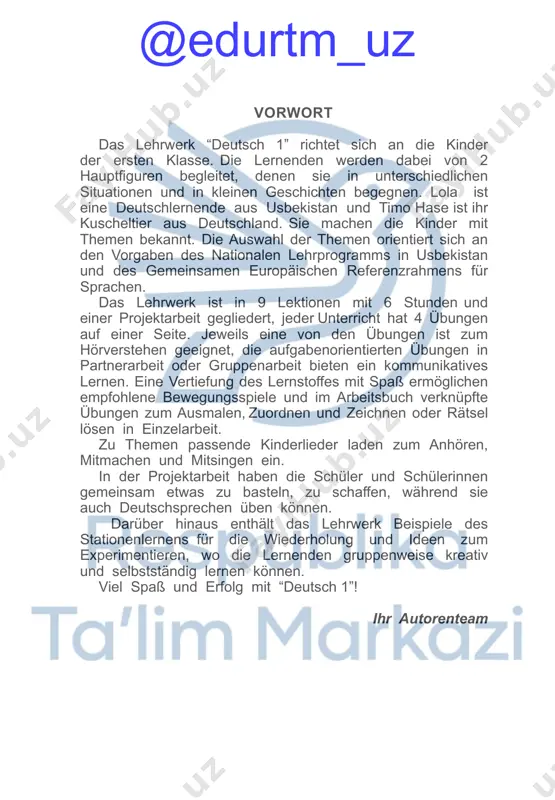 nd singt mit. 3. singt mit. das lied “fingerfamilie”. stunde 6. kommt, wir singen. 1. schaut euch das bild an und hört das lied. @edurtm_uz 20 stunde 7. projektarbeit 1. würfelt und sagt. wer ist das? 2. bastelt den familienstammbaum und legt ins portfolio. 20 2 stunde 7. projektarbeit 1. spielt mit. würfelt und sagt. wer ist das? (lolas vater, timos opa usw.) start ziel 2.bastelt familienstammbaum. @edurtm_uz 3 lektion 3 schule und schulsachen @edurtm_uz 22 3 stunde 1. kommt rein! 1. schaut euch die bilder an, hört zu und sprecht in der muttersprache. 2. hört zu und kreist die bilder in der übung 1 ein. 3. spielt mit. simon sagt. 4. spielt mit. pantomime. macht die bücher auf! malt aus! lest! steht auf!kommt rein! @edurtm_uz 23 3 stunde 2. meine schulsachen 1. schaut euch das bild an und sprecht in der muttersprache. 2. hört zu, zeigt mit und sprecht …