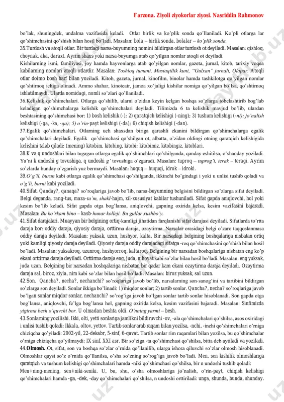 anglashilgan harakat-holatning bajarilish yoki bajarilmaslik paytini, o’rnini, tarzini, sababini, maqsadini bildiradi. tahlil jarayonida hol ostiga nuqtalardan iborat chiziq (……) chiziladi: maktabga ketdi. 18.to’ldirvchi. fe’lga bog’lanib, kimga?, nimaga?, kimdan?, nimadan?, kimni?, nimani?, kim bilan?, nima bilan? singari so’roqlarga javob bo’luvchi bo’laklarga to’ldiruvchi deyiladi. tahlilda to’ldiruvchi ostiga uzuq chiziqchalar (_ _ _ _ _ ) chiziladi: bu so’zdan hamid ajablandi. to’ldiruvchi hokim bo’lakka kelishik qo’shimchalari yoki ko’makchilar yordamida bog’lanadi. 19.aniqlovchi. hokim bo’lakdan anglashilgan narsaning qandayligi, kimga yoki nimaga qarashli ekanini bildirib, qanday?, qanaqa?, qaysi?, qancha?, nechta?, kimning?, nimaning? kabi so’roqlarga javob bo’luvchi gap bo’lagiga aniqlovchi deyiladi. aniqlovchiar ma’nosiga ko’ra ikki xil bo’ladi: 1. sifatlovchi aniqlovchi. 2. qaratqich aniqlovchi. tahlilda aniqlovchilar ostiga to’lqinli chiziq (~~~~ ) chiziladi. 20.sifatlovchi aniqlovchi. hokim bo’lakdan anglashilgan narsaning belgisini bildirib, qanday?, qanaqa?, qaysi?, qancha? so’roqlariga javob bo’lgan aniqlovchiga sifatlovchi aniqlovchi deyiladi: qizil olma. 21.qaratqich aniqlovchi. hokim bo’lakdan anglashilgan narsning ikkinchi bir narsaga qarashli ekanini bildirib, kimning?, nimaning?, qayerning? …