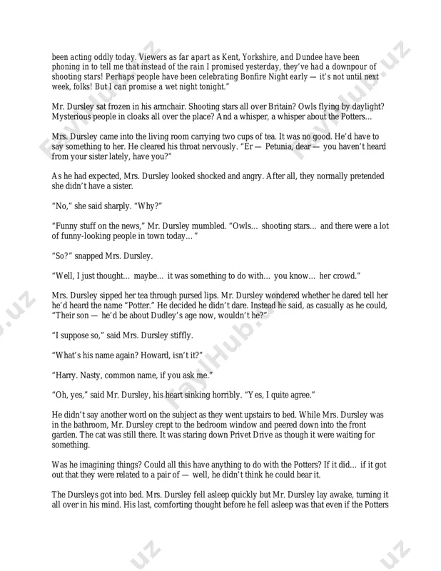 no point in worrying mrs. dursley; she always got so upset at any mention of her sister. he didn’t blame her — if he’d had a sister like that… but all the same, those people in cloaks… he found it a lot harder to concentrate on drills that afternoon and when he left the building at five o’clock, he was still so worried that he walked straight into someone just outside the door. “sorry,” he grunted, as the tiny old man stumbled and almost fell. it was a few seconds before mr. dursley realized that the man was wearing a violet cloak. he didn’t seem at all upset at being almost knocked to the ground. on the contrary, his face split into a wide smile and he said in a squeaky voice that made passersby stare, “don’t be sorry, my dear sir, for nothing could upset me today! rejoice, for …